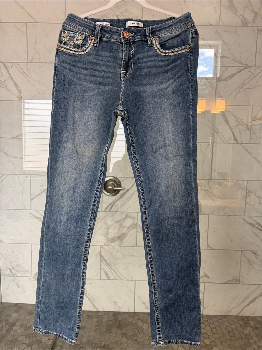 Vigoss Women's Medium Blue Skinny Jeans with Embroidered Coin Pocket